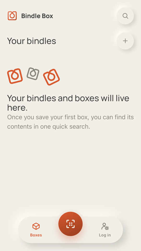 BindleBox home screen before any boxes are saved