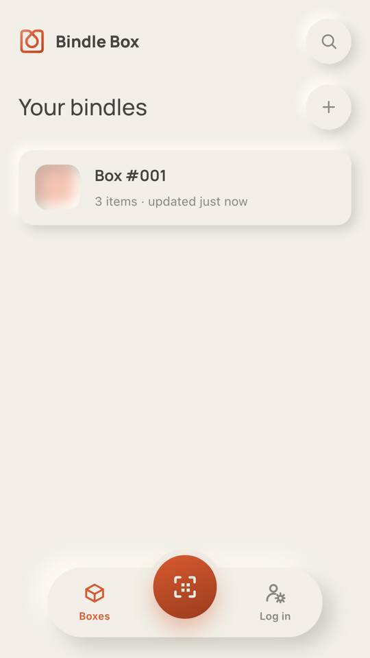 BindleBox home screen listing Box 001 with 3 items